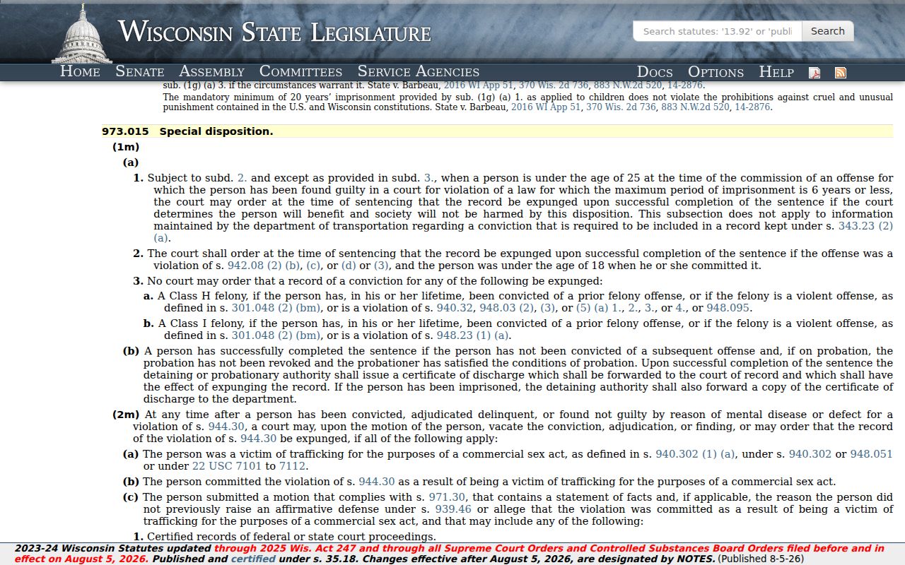 Sheboygan County criminal court case expungement statute