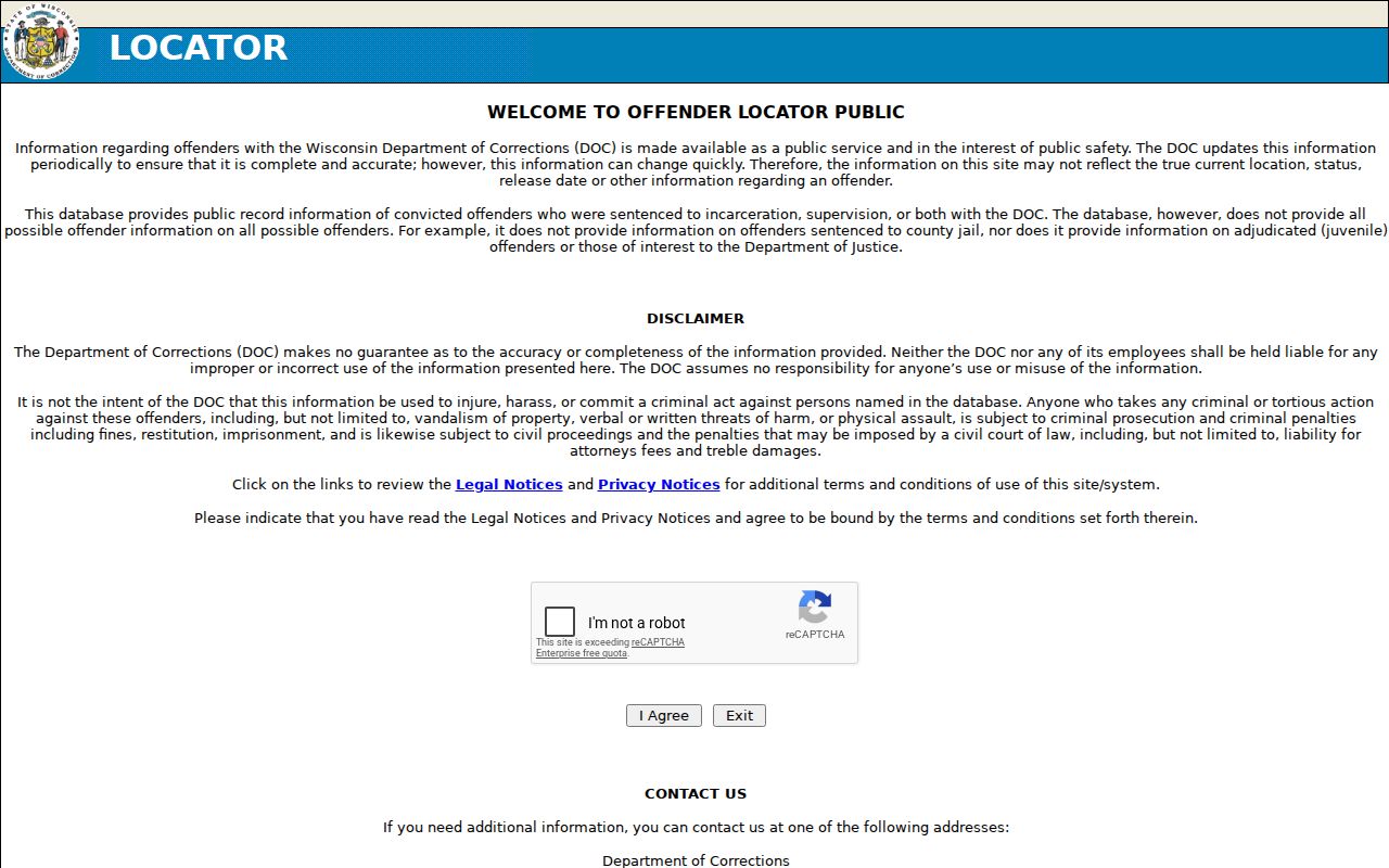 Sheboygan County criminal record search in Wisconsin DOC Offender Locator