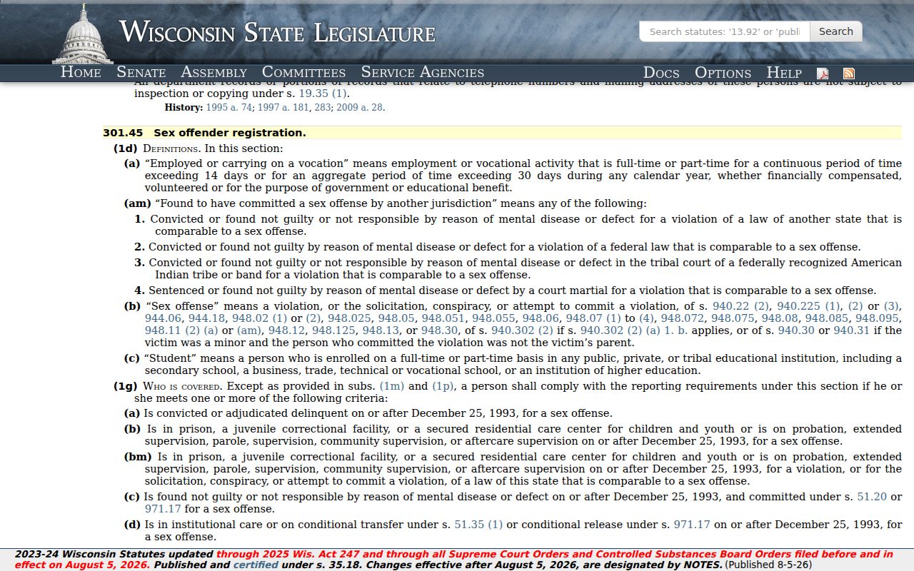 Wisconsin registration law used in Sheboygan County sex offender checks