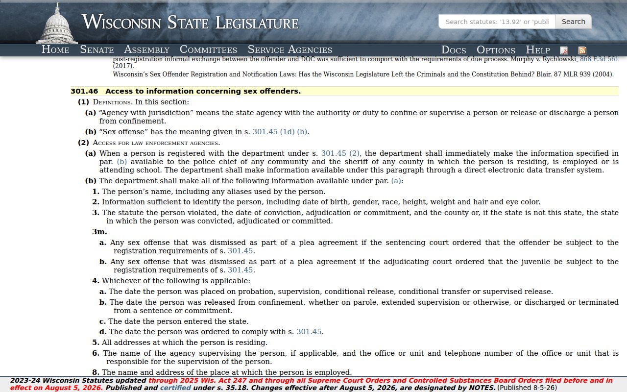 Wisconsin community notification law for Sheboygan County registry information
